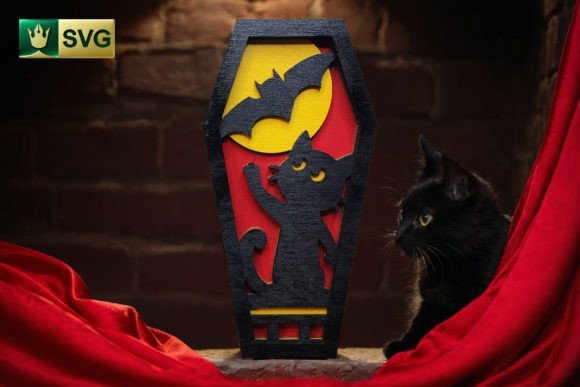 Cat And Bat Halloween Coffin SVG V7