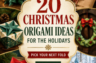 Pinterest-style cover for 20 Christmas origami ideas with folded holiday craft previews.
