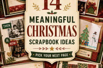 Cover for 14 meaningful Christmas scrapbook layouts featuring photos, keepsake pockets, foldouts, and holiday memory pages.