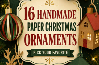 Cover for 16 paper Christmas ornaments featuring varied handmade tree decorations.