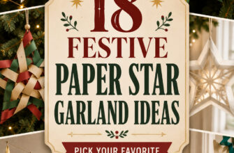Cover for 18 paper star garland ideas with varied handmade Christmas star designs.