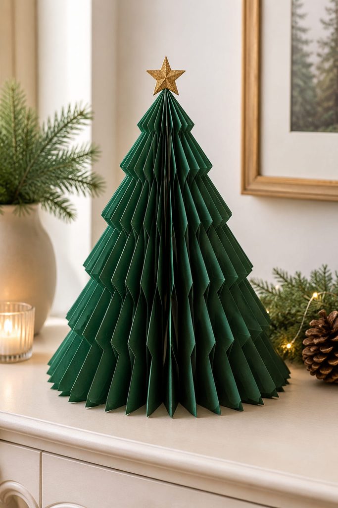 Paper Christmas tree ideas represented by a forest-green accordion-fold tabletop tree on a cream holiday console.