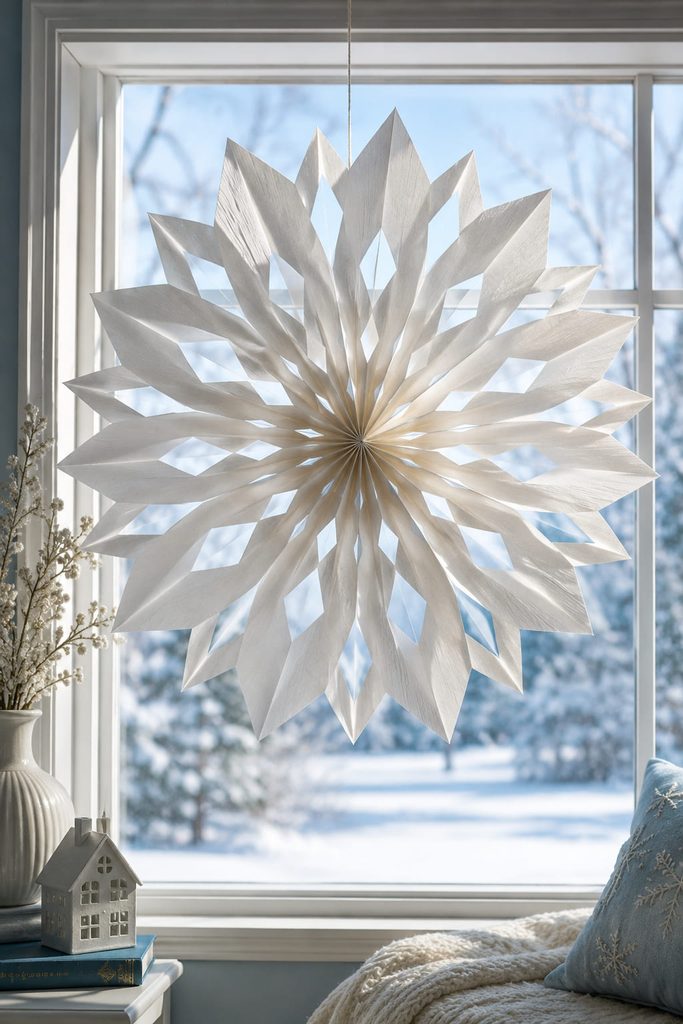Classic paper bag snowflakes display featuring one white lunch-bag rosette hanging flat in a bright winter window.