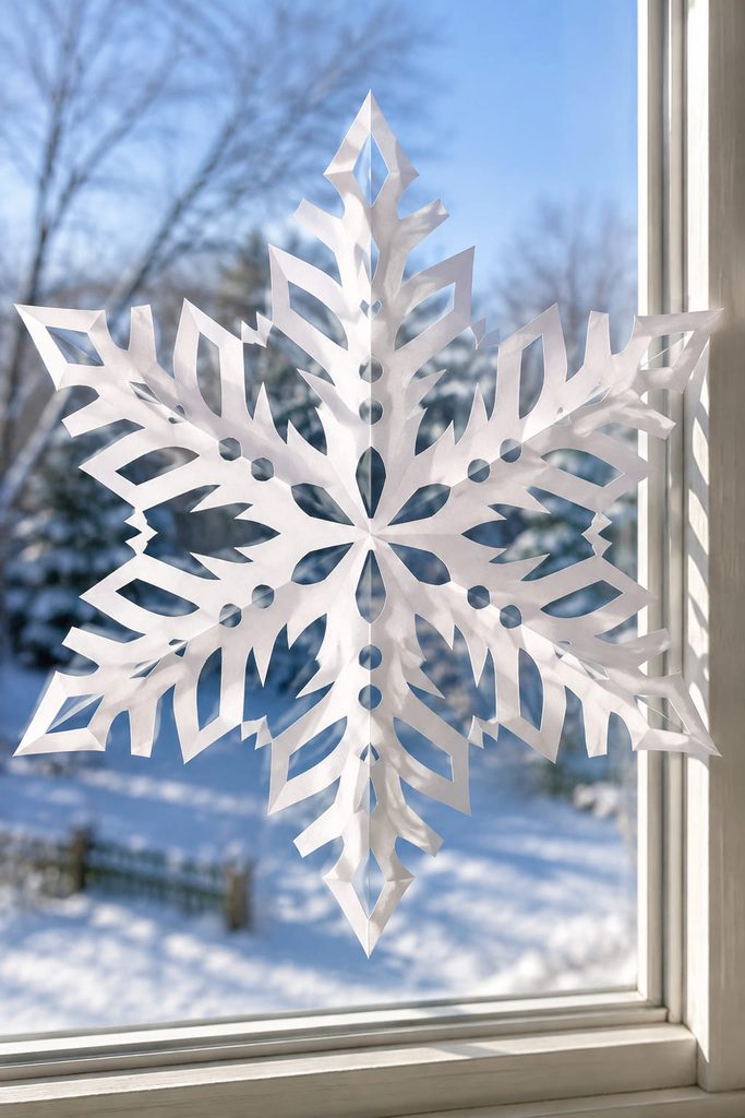 White paper snowflakes with crisp six-point cut patterns displayed against a bright winter window.