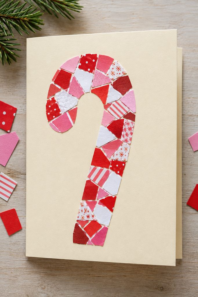 Red-and-white paper mosaic candy cane on folded cream cardstock, one of the Christmas cards for kids in this collection.