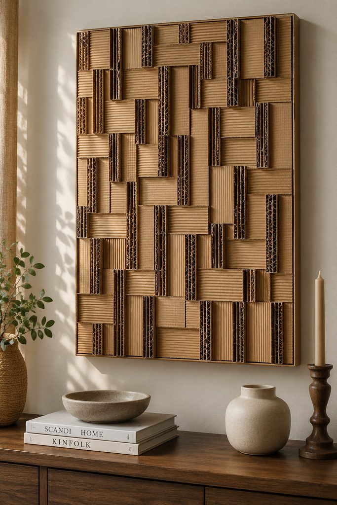 Cardboard wall decor ideas shown as a corrugated edge mosaic panel with exposed flutes on a neutral wall.