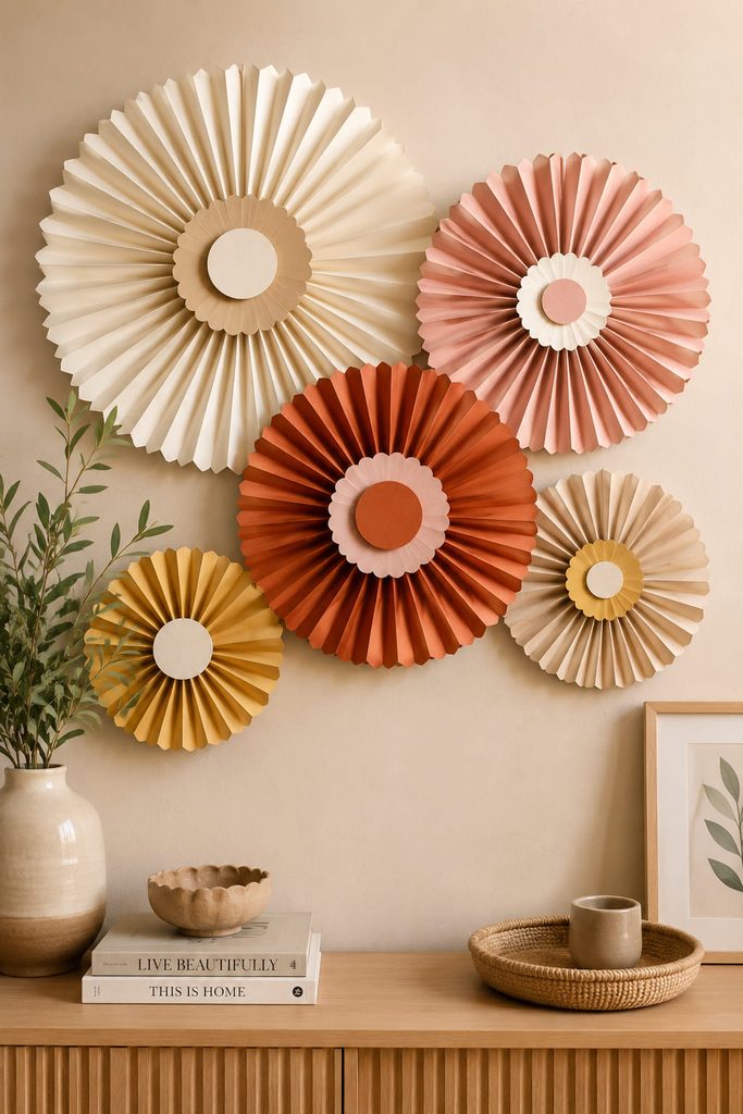 Folded fan rosette cluster showing wall decoration ideas with paper above a slim console.