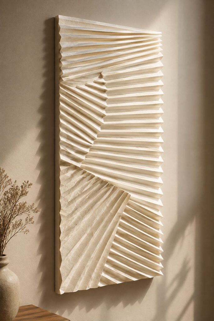 Folded tissue paper texture art panel with ivory accordion ridges casting directional shadows on a neutral wall.