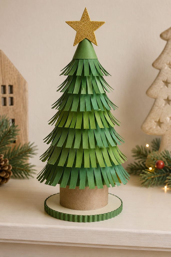 Fringed green tabletop tree made from a saved tube, one of the toilet paper roll Christmas crafts in the collection.