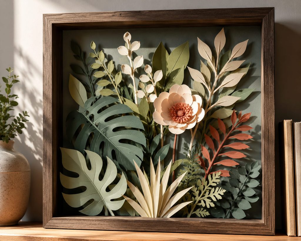 Layered paper art botanical shadow box with cut cardstock leaves spaced inside a deep wood frame.