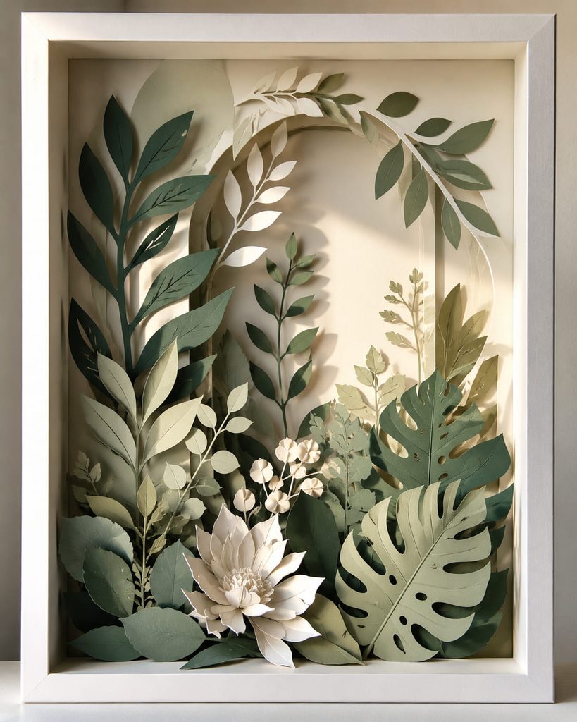 3D paper art botanical shadow box with layered cardstock leaves, visible depth, and soft cast shadows.