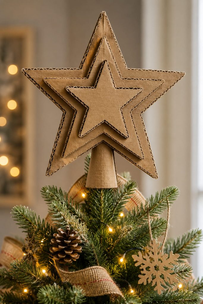 Layered corrugated star tree topper showing how cardboard Christmas decorations can use exposed fluted edges.