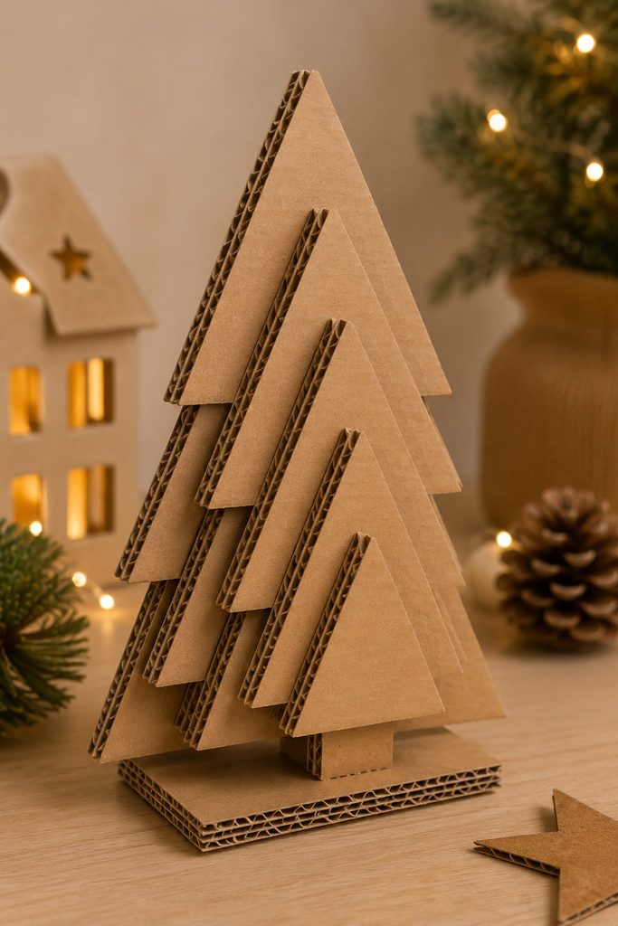 Cardboard Christmas tree ideas represented by a layered corrugated triangle tree on a warm neutral tabletop.