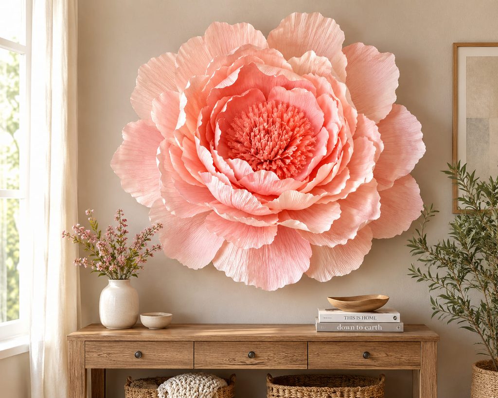Crepe paper decorations featuring an oversized blush peony wall bloom on a warm neutral wall.
