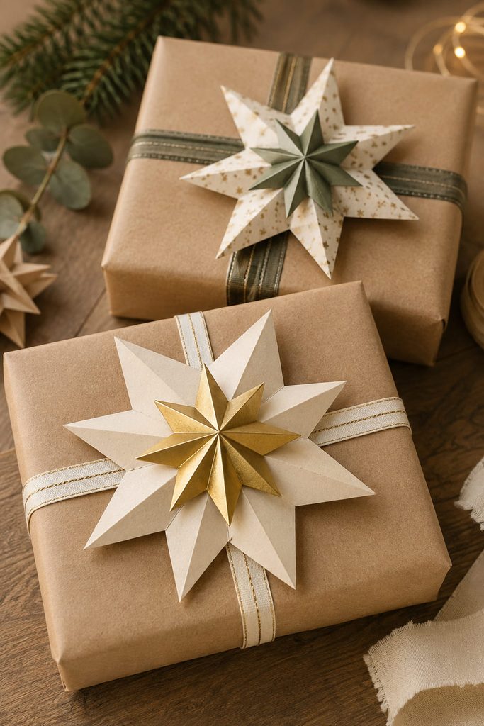 Paper star ideas used as layered gift toppers on simply wrapped boxes with narrow ribbon.