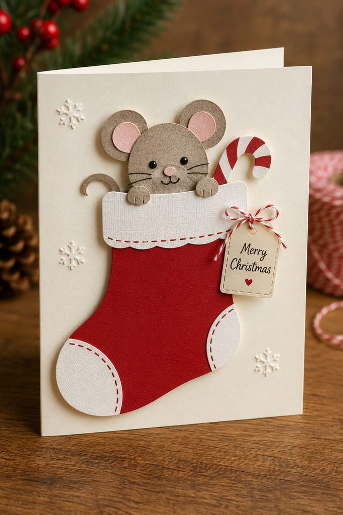 One of the handmade Christmas cards featuring a peeking paper mouse tucked behind a red stocking cuff.