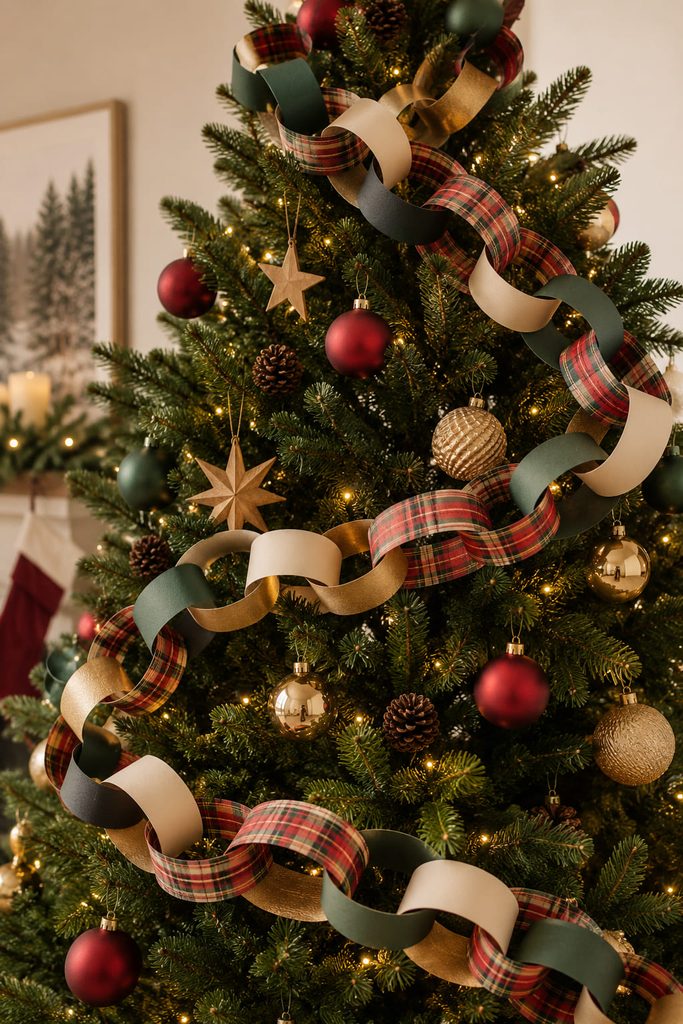 Christmas paper chains in plaid and solid paper draped diagonally around a decorated evergreen tree.