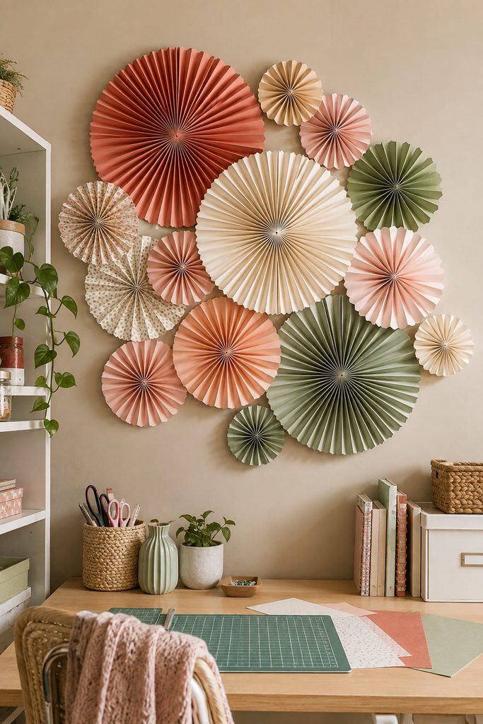 Pleated paper room decor fans arranged as a dimensional gallery on a craft room wall.
