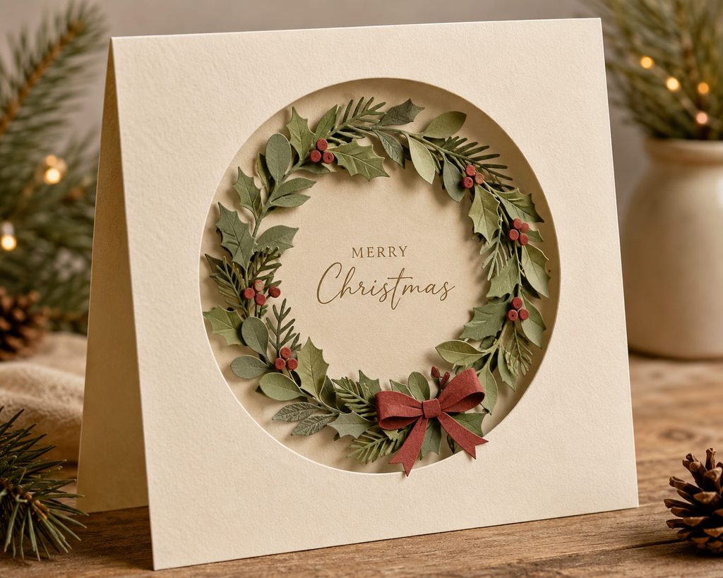 Recessed paper-cut wreath window design for handmade Christmas cards in ivory and sage cardstock.