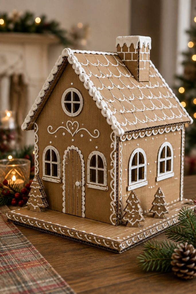 Cardboard gingerbread house centerpiece made from kraft corrugated board with white icing-style trim and a reinforced gable roof.