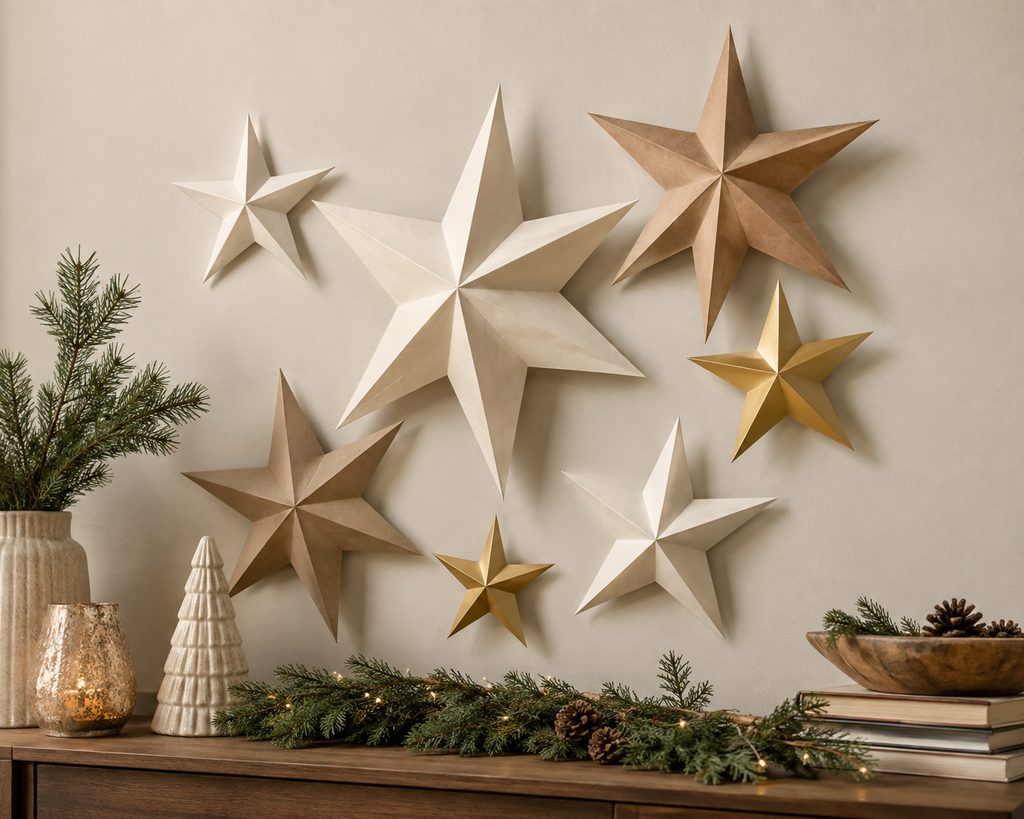 Faceted paper stars arranged in an asymmetric handmade holiday wall cluster.