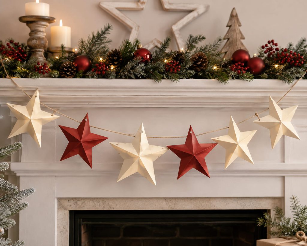 Paper star garland ideas shown as scored cardstock stars draped across a Christmas mantel.