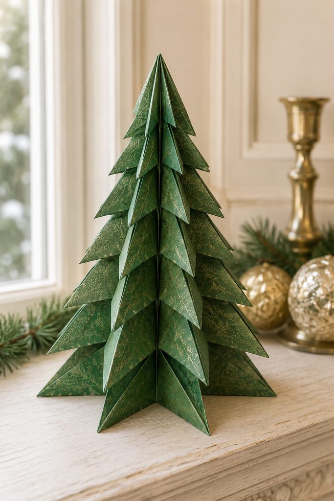 Christmas origami tree folded from green paper and standing on a pale holiday mantel.
