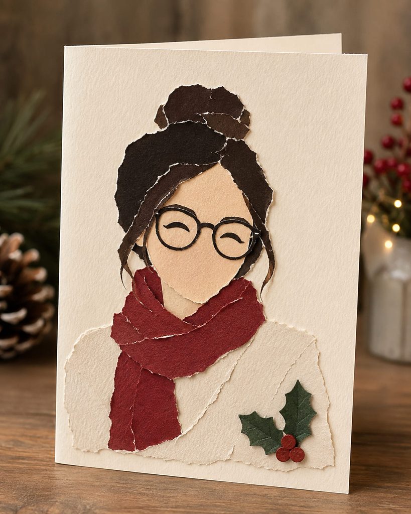 Torn-paper portrait design for handmade Christmas cards, layered in cream, red, evergreen, and warm neutral cardstock.