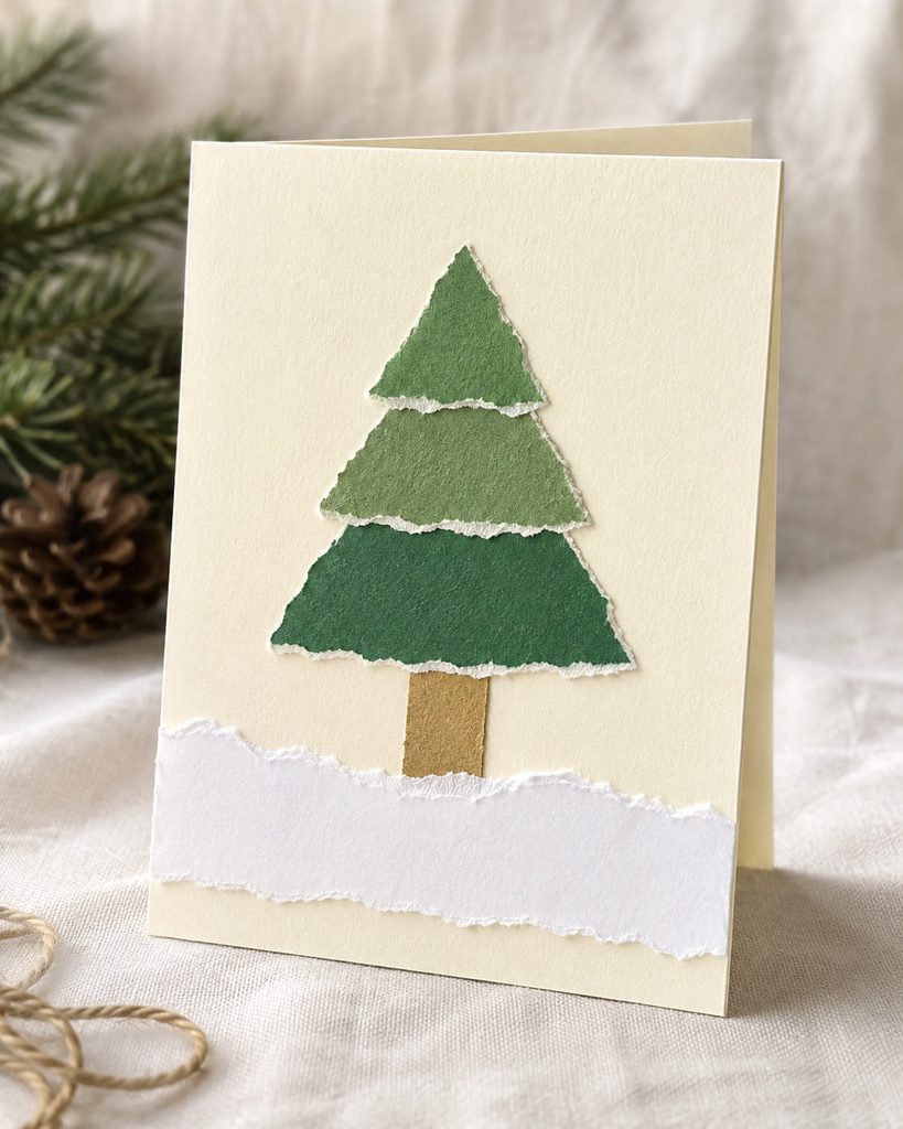 One of the simple handmade Christmas cards featuring a torn-paper snowy tree on cream folded cardstock.