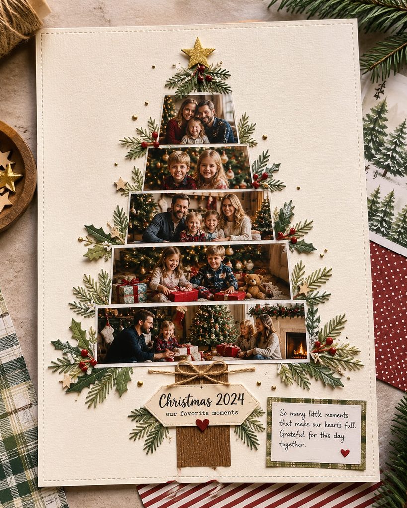 Christmas scrapbook ideas page with family photos arranged in a layered tree shape on cream cardstock.
