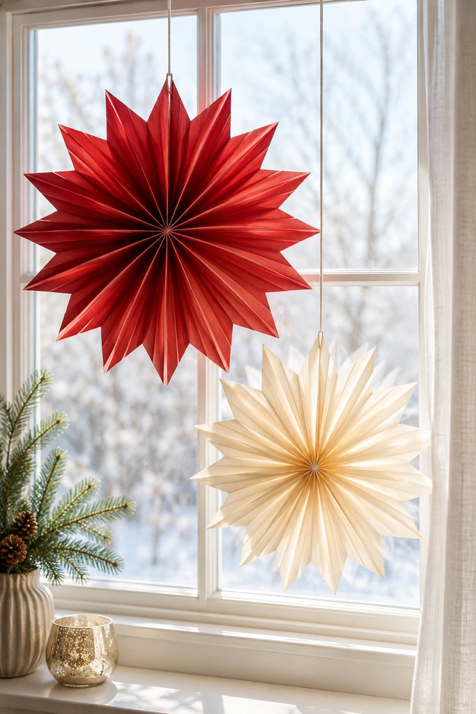 Accordion-fold starbursts hanging in a bright holiday window.