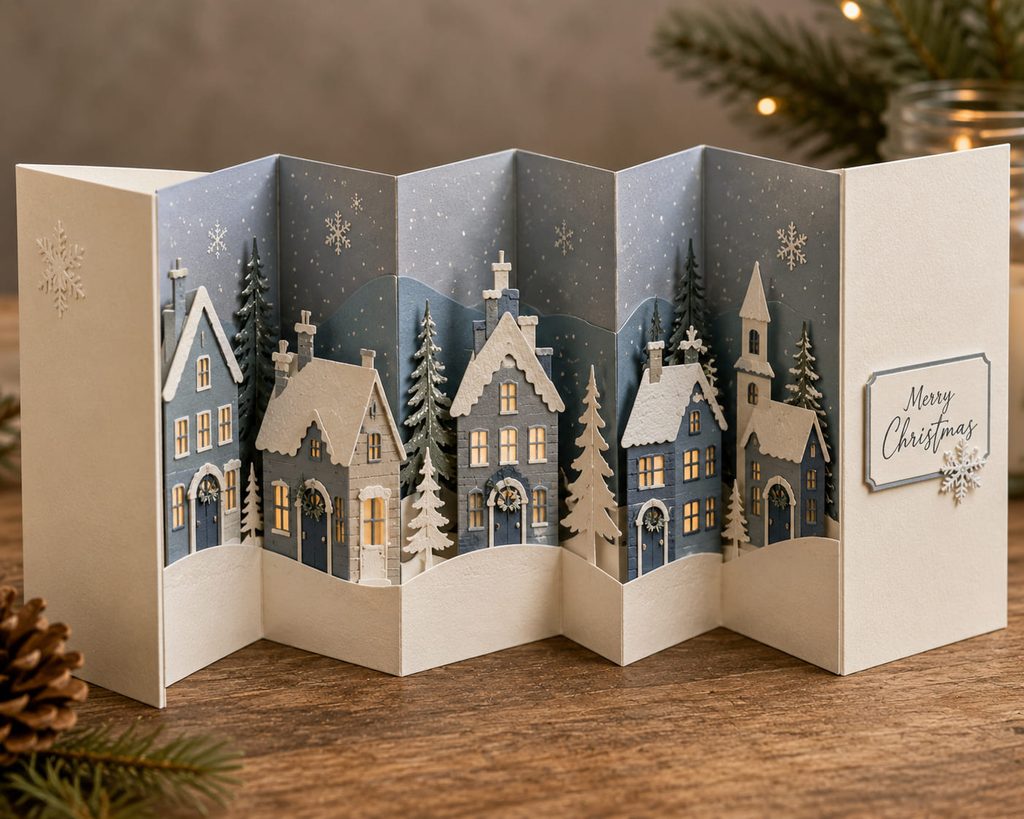 Accordion-fold winter village Christmas card standing open in ivory and dusty blue paper.