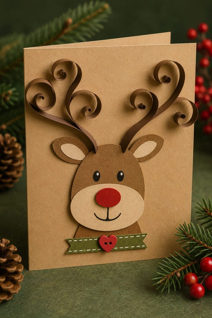 Kraft Christmas card with a paper reindeer and raised curled-paper antlers.