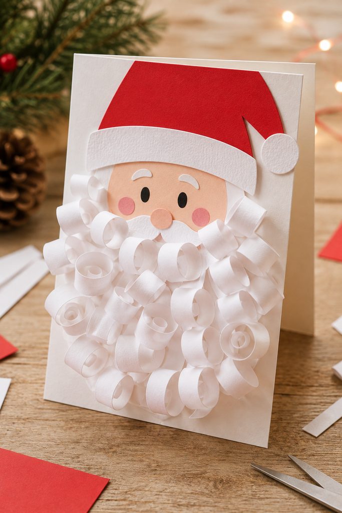 Handmade Santa card with loose curled white paper strips forming a dimensional beard.