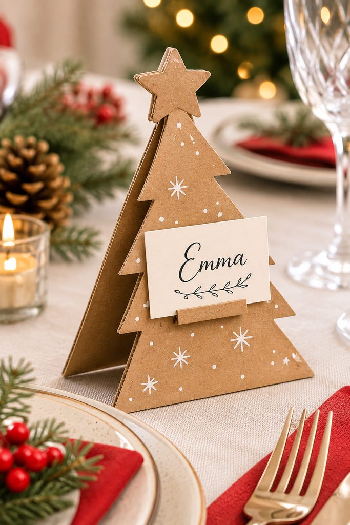 Folded cardboard Christmas tree place card standing beside a simple holiday table setting.