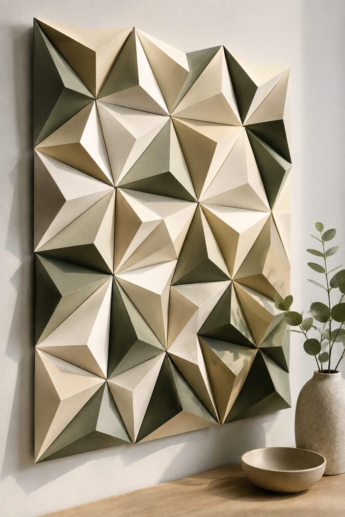 Faceted cardstock geometric wall relief with scored folds and shifting light across the raised modules.
