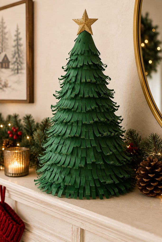 Fringe-wrapped paper cone Christmas tree standing on a cozy holiday mantel.