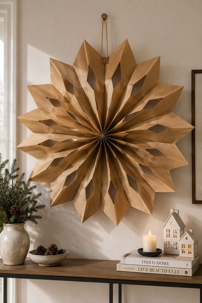 Oversized kraft grocery-bag snowflake hanging on a warm white wall above a narrow console.