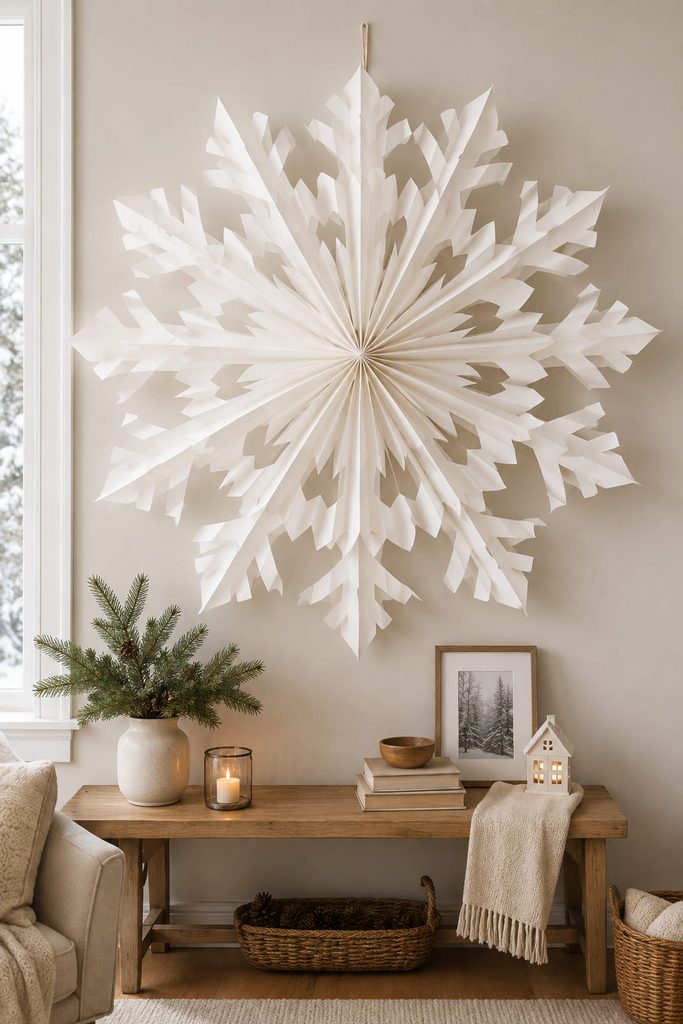 Giant white paper bag snowflake opened into a dimensional wall decoration above a console.