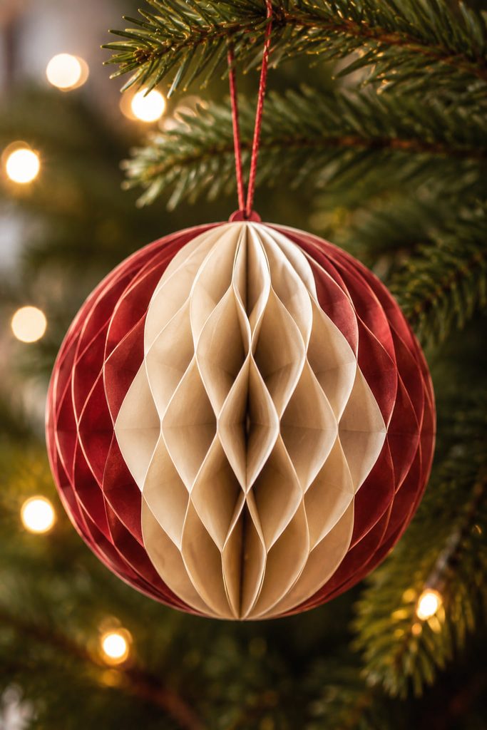 Open honeycomb paper bauble with repeating cells hanging on a Christmas tree.