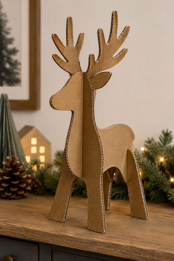 Interlocking corrugated cardboard reindeer sculpture standing on a holiday console.