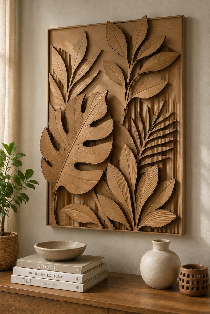 Layered recycled cardboard leaf relief with raised veins and visible shadow gaps.