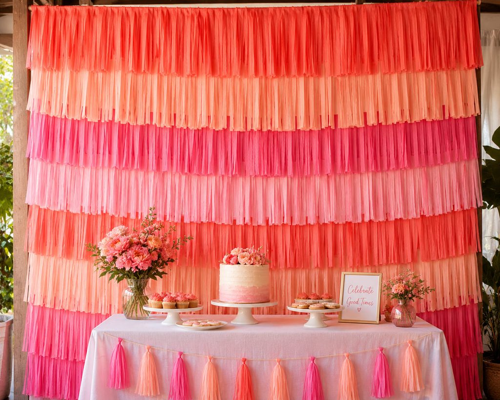 Layered coral and pink crepe paper fringe forming a textured party photo backdrop.