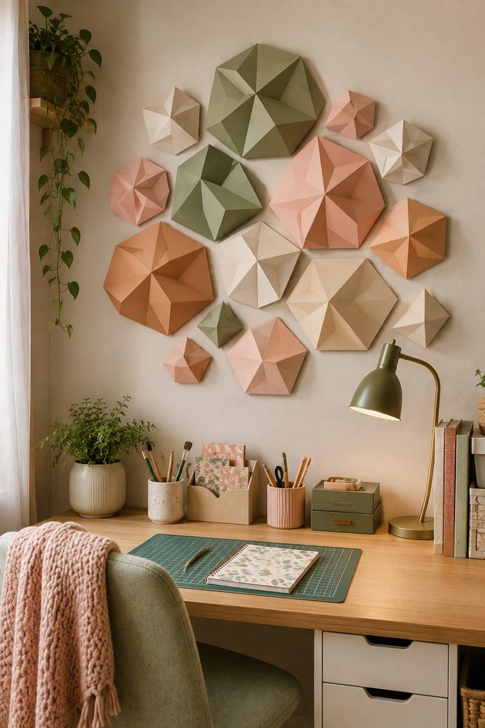 Faceted cardstock wall tiles arranged in a geometric low-relief pattern above a desk.