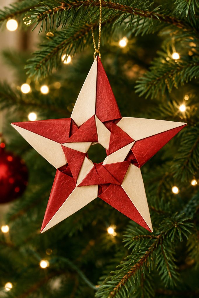 Red and ivory modular five-point paper star hanging from a Christmas tree branch.