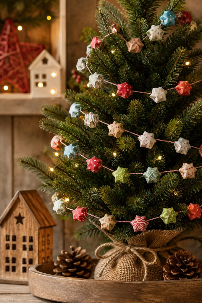 Tiny origami lucky stars threaded around a small tabletop Christmas tree.
