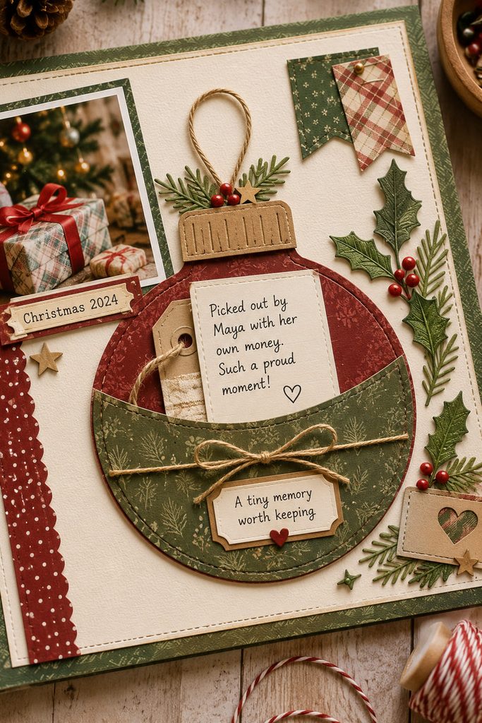 Round paper ornament pocket holding a small handwritten Christmas keepsake on a scrapbook page.