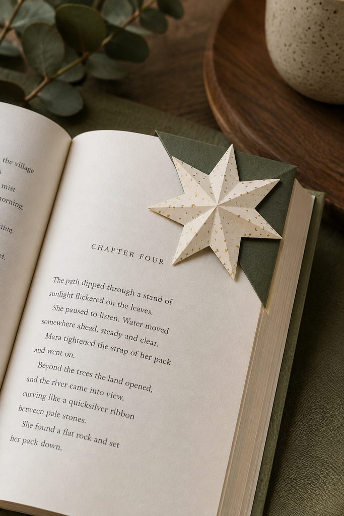 Flat paper star corner bookmark gripping the upper corner of an open book page.