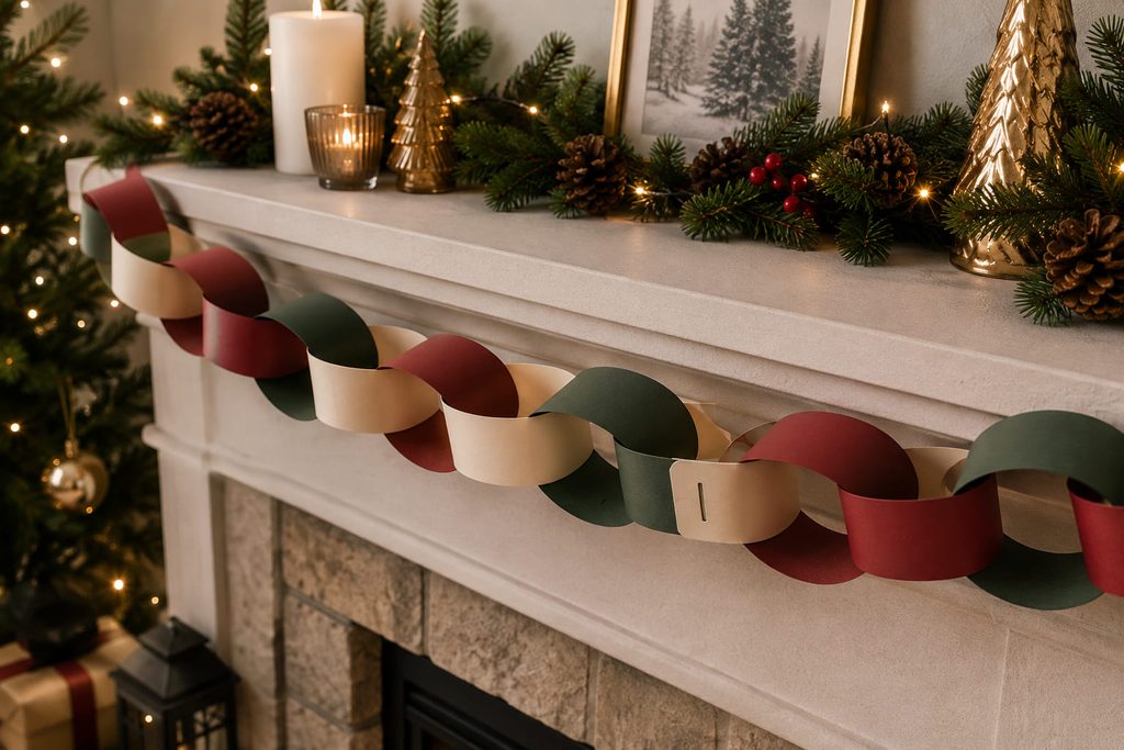 Slit-lock cardstock chain arranged across a Christmas mantel with clean hidden closures.