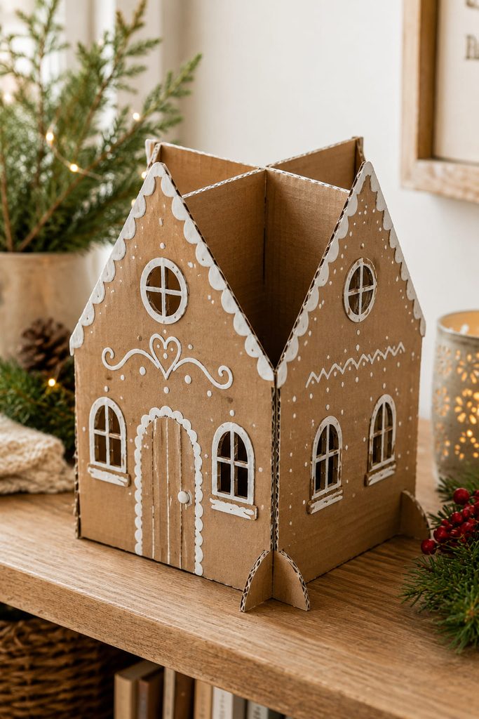 Slot-together cardboard gingerbread house with intersecting flat panels designed to separate for storage.